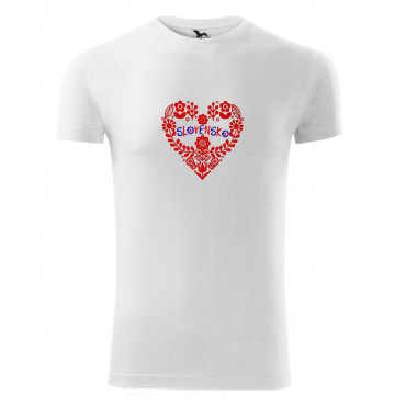 Páske folklórne tričko biele krátky rukáv s výšivkou červené srdce+Slovensko