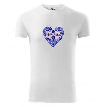 Páske folklórne tričko biele krátky rukáv s výšivkou modré srdce+Slovensko