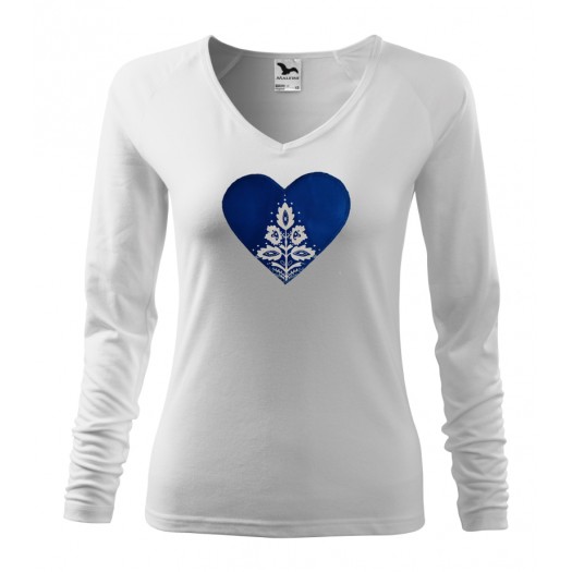 Folklórne tričko dlhý rukáv s nášivkou kráľovsky modré srdce nový vzor