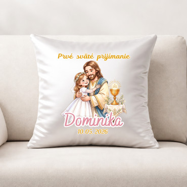 Vankúš s potlačou k Prvému svätému prijímaniu s menom a dátumom