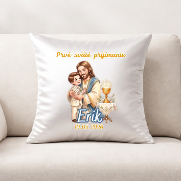 Vankúš s potlačou k Prvému svätému prijímaniu s menom a dátumom