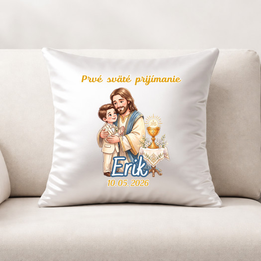 Vankúš s potlačou k Prvému svätému prijímaniu s menom a dátumom